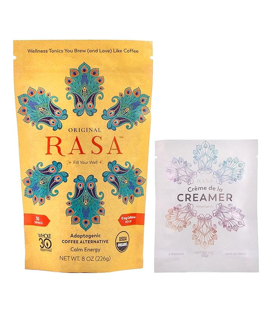 RASA Original Adaptogenic Coffee Alternative & Crème de la Creamer Bundle | Ayurveda Mushroom Wellness Tonic & Adaptogen Powdered Non-Dairy Creamer with MCT Oil — Vegan, Whole 30, Keto (30 Servings)