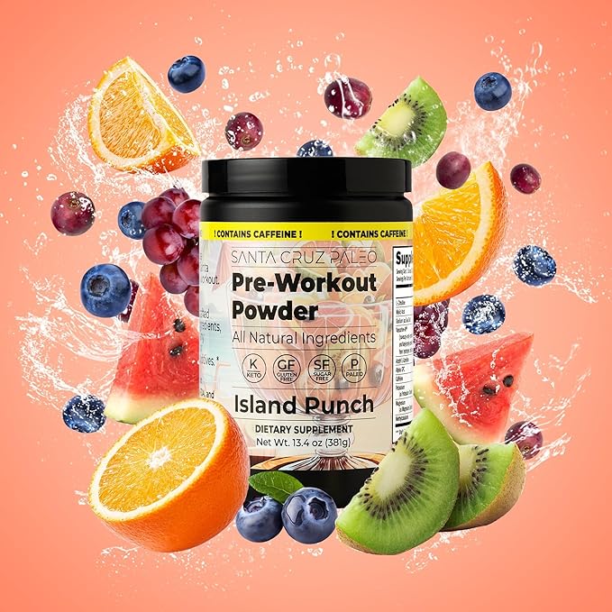 Santa Cruz Paleo Natural Pre Workout Powder, Island Punch, Keto Preworkout Electrolytes with Magnesium, Potassium, L-Citrulline, 150mg Caffeine, Sugar-Free Drink Mix for Energy & Hydration,30 Servings