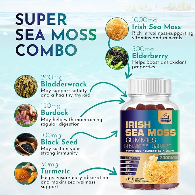 Irish Sea Moss 2000mg Gummies - Bladderwrack Burdock Elderberry Black Seed Turmeric Omega-3 Vitamins C D3 Zinc - Seamoss Supplements for Adults Kids - Vegan Sugar Gluten Free Chewable Gummy