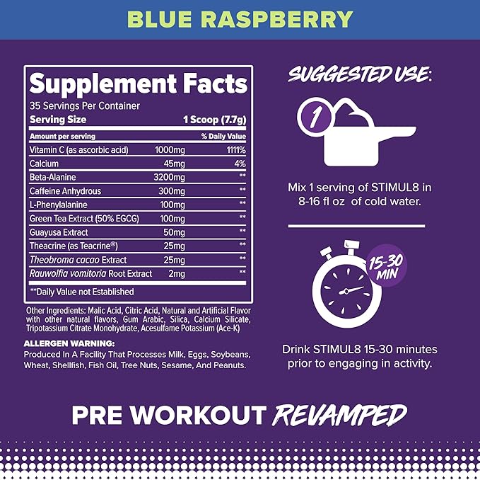 FINAFLEX STIMUL8 Original Pre-Workout, Blue Raspberry - Energy, Strength & Endurance for Men & Women - with Caffeine, Beta-Alanine & Vitamin C - 35 Servings