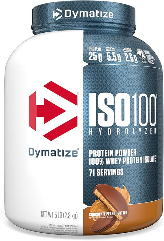 Dymatize ISO100 Whey Protein Powder Isolate, Chocolate Peanut Butter, 25g of Protein, 5 Pound, 5.5g BCAAs, Less Than 120 Cal., Gluten Free, 1g Fat, 1g Sugar, 2g Carb