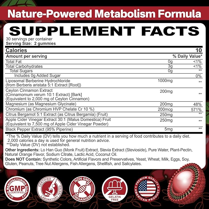 Liposomal Berberine Complex Gummies - with Chromium, Ceylon Cinnamon, Bergamot, Support Overall Wellbeing