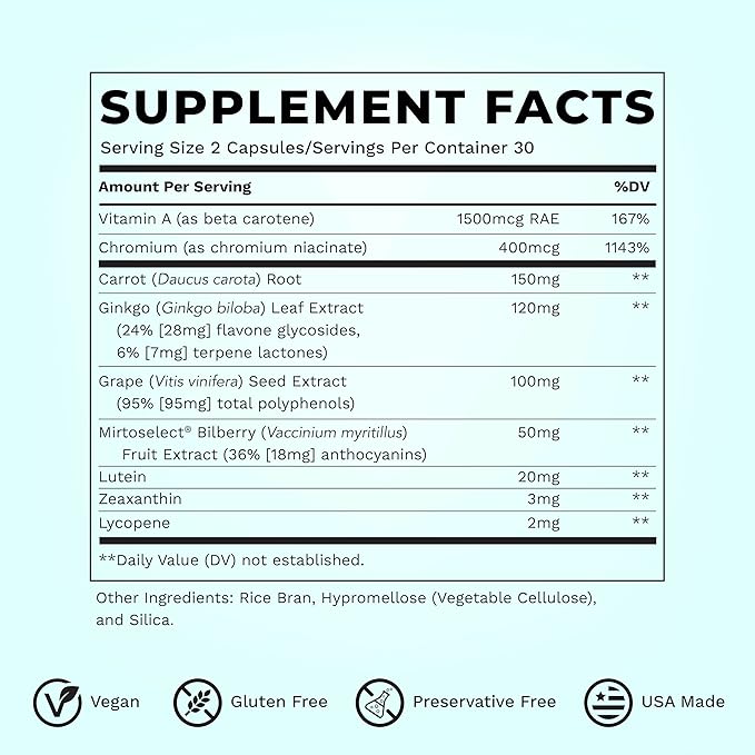 LifeSeasons Visibili-T - Vitamin Supplement for Eye Health & Vision Support - Carrot Root, Chromium, Bilberry, Ginkgo Biloba, Grape Seed Extract, Lycopene, Vitamin A, Lutein & Zeaxanthin - 60 Capsules