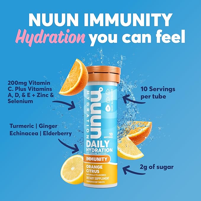 Nuun Immunity Electrolyte Tablets with Vitamin D, C, E, & A, Ginger, Elderberry, Magnesium & 4 Other Essential Electrolytes, Vegan, Orange Citrus, 8 Pack (80 Servings Total)