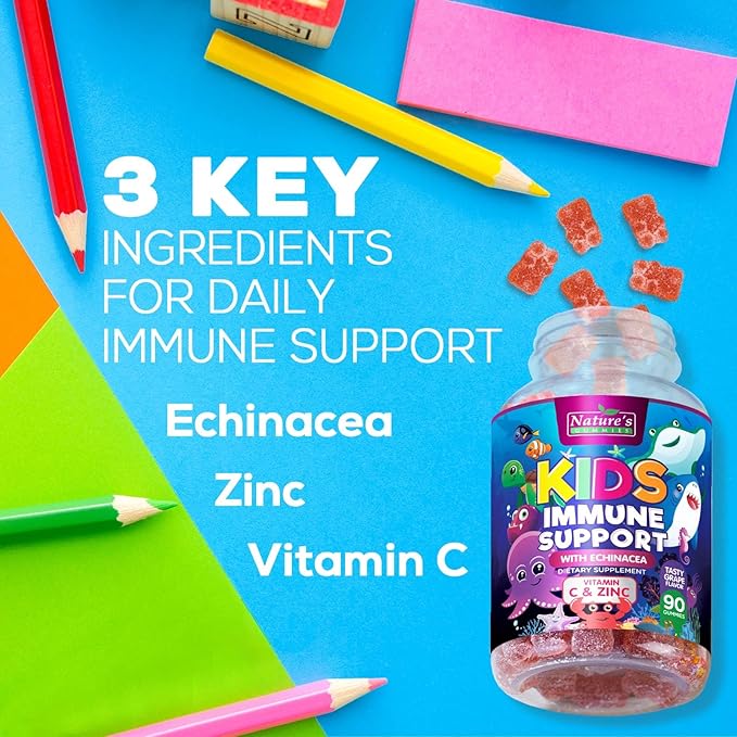 Kids Immune Support Gummies with Echinacea, Zinc & Vitamin C - Berry Flavor Chewable Kids Immunity Gummy Support, Non-GMO Gluten-Free Vegan - Daily Childrens Vitamins with Immune Support - 90 Gummies