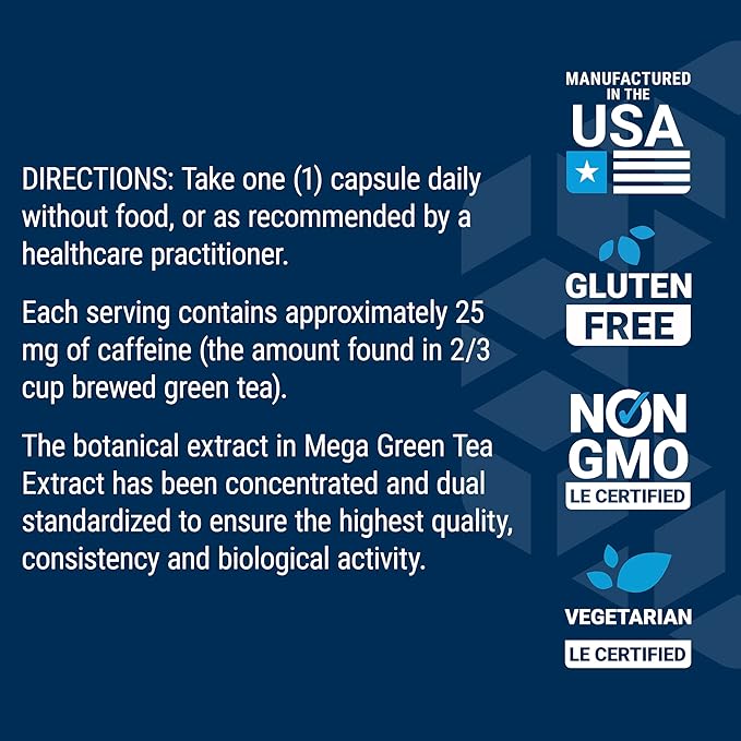 Life Extension Lightly Caffeinated Mega Green Tea Extract, Camellia sinensis Extract with Concentrated EGCG polyphenol Content, Gluten-Free, Non-GMO, Vegetarian, 100 Capsules