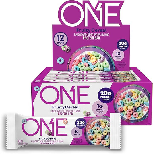 ONE Protein Bars, Fruity Cereal, Gluten Free with 20g Protein and 1g Sugar, Pantry Staples, 2.12 oz (12 Count), Packaging May Vary