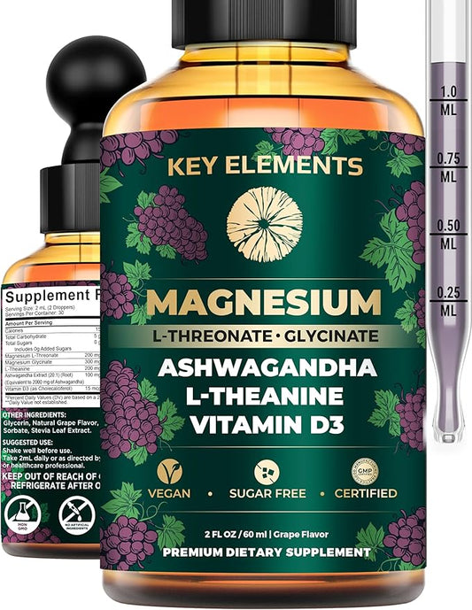 Liquid Magnesium L-Threonate with Magnesium Glycinate for Sleep | Ashwagandha with L Theanine and Vitamin D3 Magnesium Supplement | Ashwagandha and Magnesium with L-Theanine