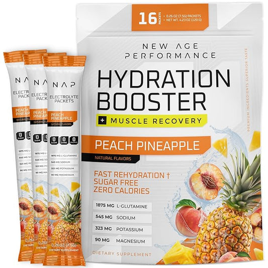 New Age Performance Hydration Packets, Electrolytes Powder Liquid Enhancer for Dehydration Relief, L-Glutamine Amino Acids for Muscle Workout Recovery, Sugar Free, 0 Calorie, 16 Pack (Peach Pineapple)