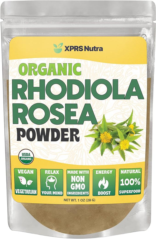 XPRS Nutra Organic Rhodiola Rosea Powder - Premium USDA Organic Rhodiola Powder for Cognition and Relaxation - Vegan Friendly Energy Booster (1 oz)