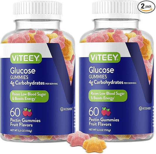 Viteey Glucose Gummies for Women, Men & Teens - 4g of Carbohydrates - Naturally Sourced, Vegan, GMO Free, Gluten Free, Gelatin Free - Tasty Chewable Fruit Flavored Pectin Gummy