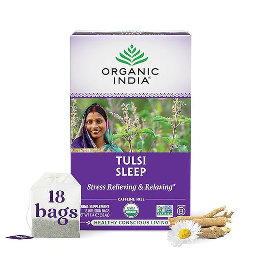 ORGANIC INDIA Tulsi Sleep Herbal Tea - Holy Basil, Ashwagandha, Chamomile, Night Time Tea for Bedtime, Stress Relieving & Relaxing, Immune Support, USDA Certified Organic - 18 Infusion Bags, 1 Pack