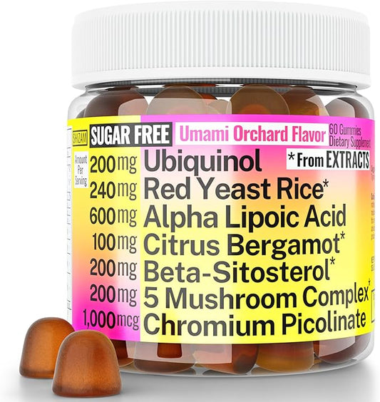 Red Yeast Rice Alpha Lipoic Acid Ubiquinol CoQ10 Citrus Bergamot Beta-Sitosterol Chromium Picolinate Sugar-Less Gummies w Lion's Mane Turkey Tail Reishi Cordyceps Chaga, Pills Capsules Supplement Alt