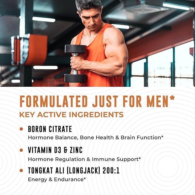 Boron Supplement For Men With Tongkat Ali - Vitamin D3, Zinc Picolinate 30mg, Longjack Tongkat Ali For Men - Boron Citrate 10mg For Men’s Health - Non GMO, Gluten Free, No Allergens - 60 Count