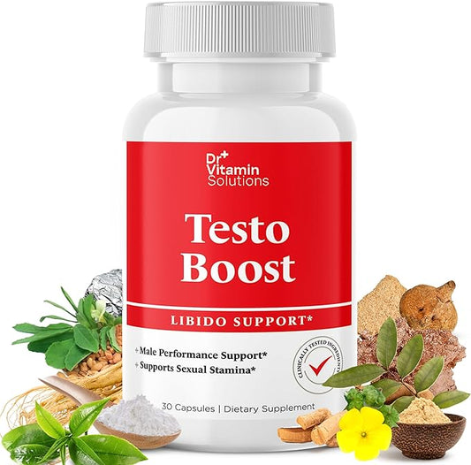 DR VITAMIN SOLUTIONS Testo Boost Supplement for Men - Stamina, Endurance & Energy Enhancement - Male Testosterone Booster w/Fenugreek, Tribulus, Tongkat Ali, Horny Goat Weed - 30 Capsules