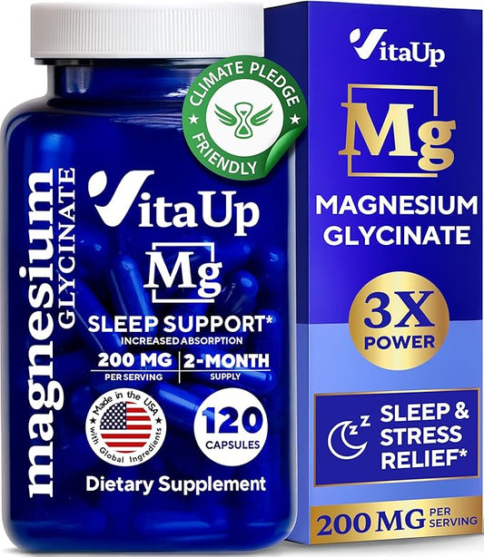 Magnesium Glycinate 200mg - USA Made Magnesium Supplement for Sleep, Heart, Bones, Metabolism Support - High Absorption Magnesium Bisglycinate Capsules - 120 Vegan Chelated Capsules