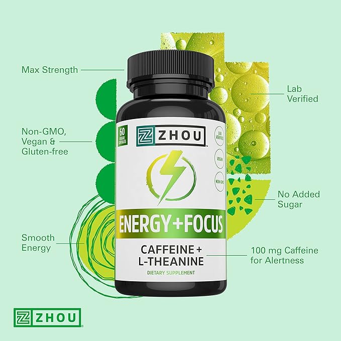Zhou Energy + Focus - L Theanine Caffeine Pills, 200mg L-Theanine, 100mg Natural Anhydrous Caffeine Boost for Adults, Men & Women, Slow Extended Release - 60 Vegetarian Capsules (Pack of 1)