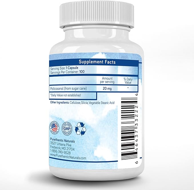 Purethentic Naturals Policosanol 20mg | Supports Cardiovascular & Cholesterol Health* | Free Radical & Antioxidant Protection* | from Pure Sugar Cane with No Unnecessary Fillers | 100 Veg Capsules