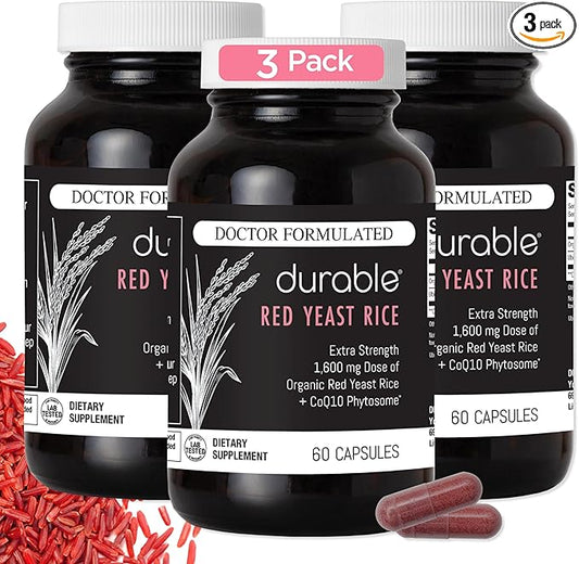 Durable Red Yeast Rice - Enhanced with CoQ10, Extra Strength Management, Heart Health, Healthy Blood Flow - 1600mg Organic Red Yeast Rice + 50 mg KanekaQ10 CoQ10 - (60 Count (Pack of 3))
