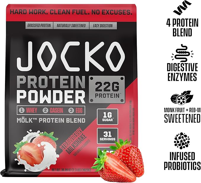 Jocko Fuel Mölk Whey Protein Powder 22g Low Sugar Monk Fruit Blend - Muscle Recovery & Growth, Packaging May Vary (31 Servings, Strawberry Milkshake)