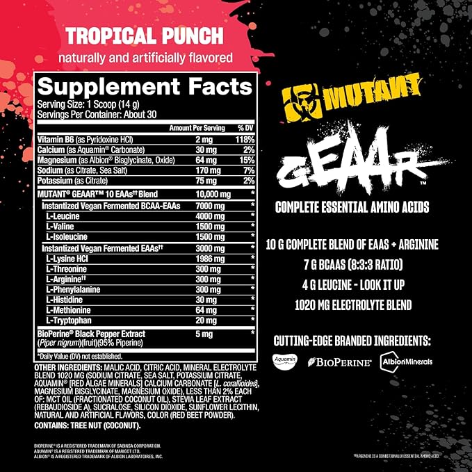 Mutant GEAAR - 9.4g of EAA Powder + Arginine, 7g BCAAs, 4g Leucine, Electrolytes, Coconut Water, 30 Servings - Fruit Punch