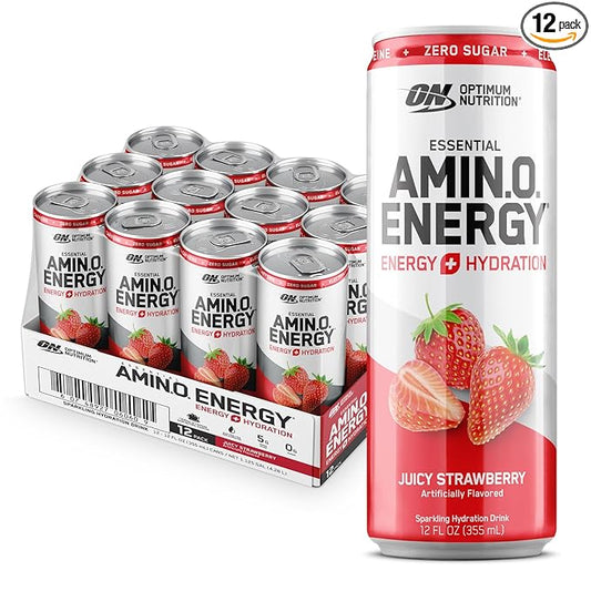 Optimum Nutrition Amino Energy Sparkling Hydration Drink, Electrolytes, Caffeine, Amino Acids, BCAAs, Sugar Free, Juicy Strawberry, 12 Fl Oz, 12 Pack (Packaging May Vary)