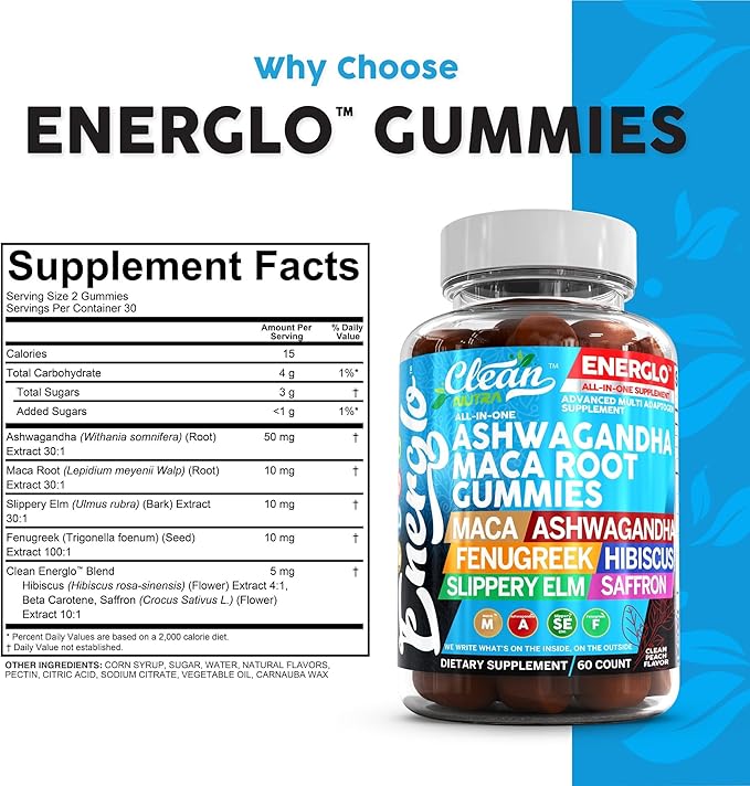Ashwagandha Maca Root Gummies with Fenugreek Hibiscus Slippery Elm Saffron Extract & Beta Carotene | Peach Flavor Vegan Gummy Vitamins Adaptogen Cortisol Supplement Energlo by Clean Nutra (3)