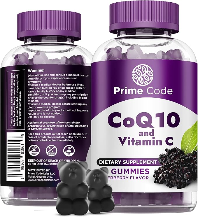 [2 in 1] CoQ10 200mg & Vitamin C 250mg Gummies – Supports Heart Health, Immune System & Cellular Energy – Vegan, Non-GMO, Gluten-Free – Elderberry – CoQ10 Supplement for Energy & Antioxidant Support