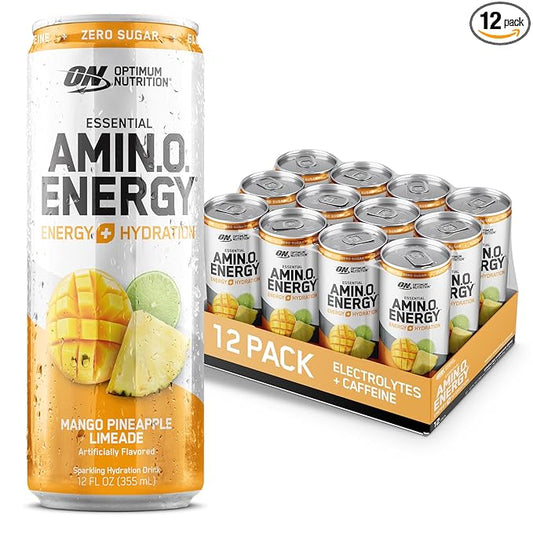 Optimum Nutrition Amino Energy Sparkling Hydration Drink, Electrolytes, Caffeine, Amino Acids, BCAAs, Sugar Free, Mango Pineapple Limeade, 12 Fl Oz, 12 Pack (Packaging May Vary)