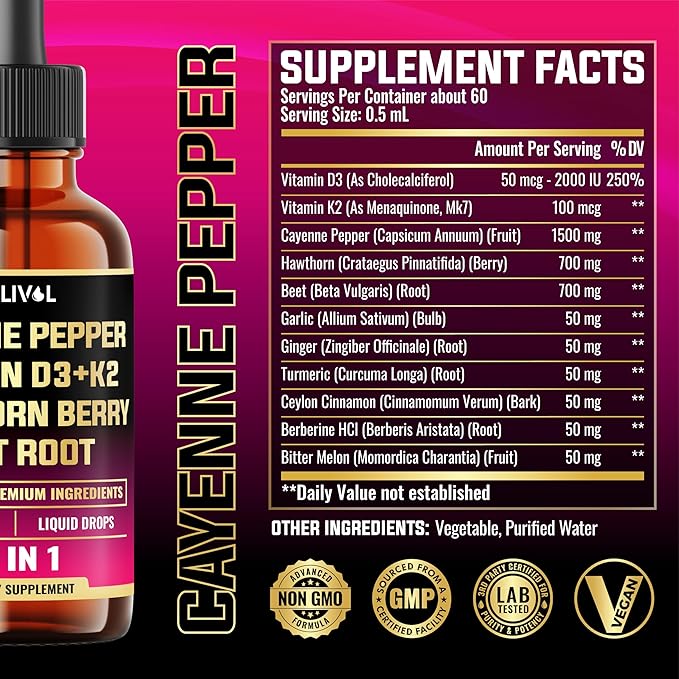11in1 Cayenne Pepper Liquid Drops with Hawthorn Berry, Vitamin D3, K2, Berberine, Bitter Melon, Turmeric & More – for Heart & Immune Support – 1 FL Oz – 60 Days Supply