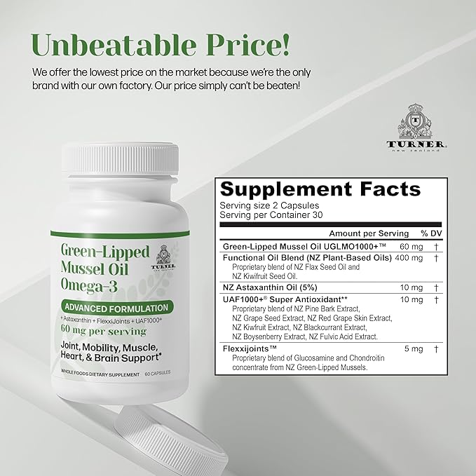 TURNER New Zealand Green Lipped Mussel Oil, Four Essential Omega-3s for Joint Comfort & Mobility Plus UAF1000+ Super Antioxidant, Astaxanthin, 53 X More Effective, 6 Bottles, 360 Softgels
