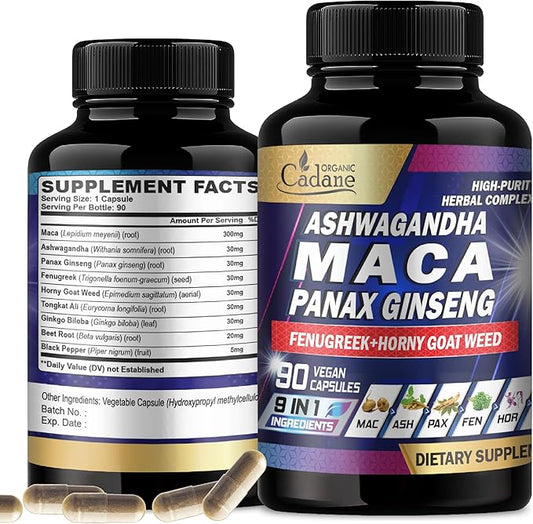 Organic Cadane Maca Root, Ashwagandha, Panax Ginseng Supplement - 90 Capsules 3 Months with Fenugreek, Tongkat Ali & More - Support for Strength, Stamina, Energy Production & Immunity