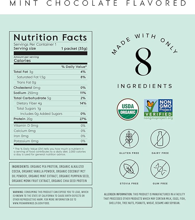 Truvani Vegan Pea Protein Powder | Mint Chocolate | 20g Organic Plant Based Protein | 10 Travel Packets | Keto | Gluten & Dairy Free | Low Carb | No Added Sugar