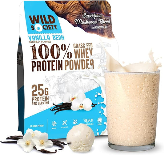 WILD SOCIETY - Premium 100% Grass Fed Whey Protein Powder + Superfood Mushrooms & Adaptogens - 25g Protein, Clean Protein Powder, 0 Added Sugar, Non GMO, Gluten Free - Vanilla Bean, 17.5 oz