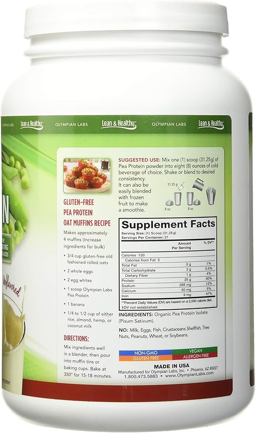 Olympian Labs Plant Based Pea Protein Powder, Unflavored - 25g of Protein, Vegan, Low Net Carbs, Gluten Free, Lactose Free, No Sugar Added, Soy Free, Kosher, Non-GMO, 2 Pound Pea Protein Powder