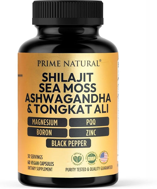 Shilajit 10,000mg, Irish Sea Moss 2000mg, Ashwagandha 3000mg, Tongkat Ali 30,000mg, Boron, Magnesium, PQQ & More | 60 Capsules - 30 Days Supply| Fulvic Acid Veg Capsules| Vegan| Gluten Free | Non-GMO