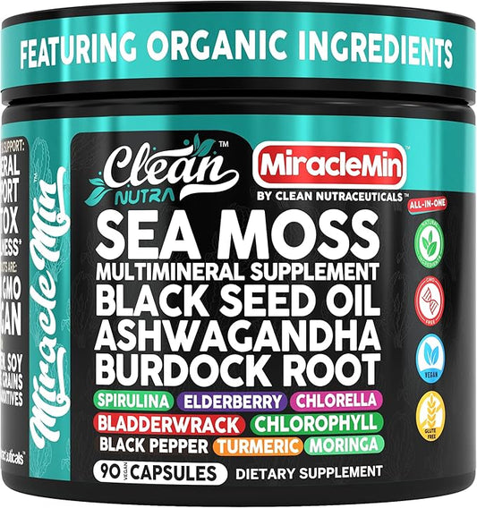 Clean Nutra Sea Moss Capsules with Ashwagandha, Black Seed Oil, Burdock Root, Bladderwrack, Moringa, Chlorella, Spirulina, Turmeric, Elderberry, Amla – 90 Vegan Capsules – MiracleMin