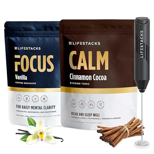 Focus + Calm + Frother Bundle – Nootropic Coffee Creamer & Cinnamon Cocoa Sleep Drink – Day-to-Night Wellness Stack for Energy, Clarity & Restful Sleep – Vegan, Clean Ingredients