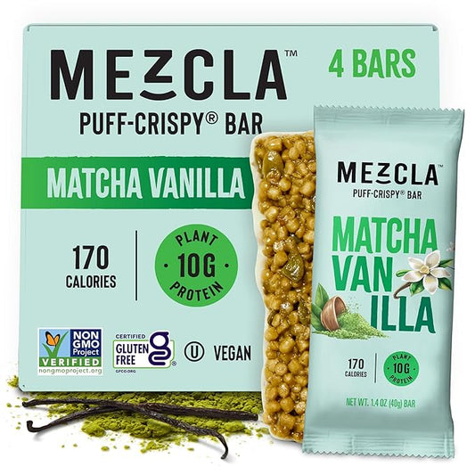 Mezcla Vegan Protein Bars, Gluten Free Snack Made with Pumpkin Seeds, Pea Protein, Organic Vanilla and Other Premium Ingredients, Healthy Snacks, Matcha Vanilla, 10g of Protein, 4 Pack
