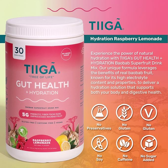 Tiiga 2-in-1 Gut Health + Hydration Drink Mix – Natural Debloat Formula with 75%+ Baobab & Coconut Water. High in Antioxidants, Prebiotics, Zero Added Sugar, Supports Digestion, Energy & Helps Debloat