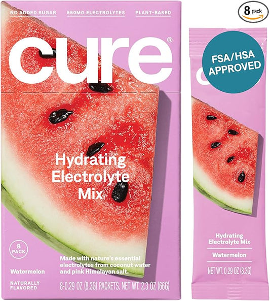 Cure Hydration | Plant-Based Electrolyte Drink Mix | No Added Sugar | FSA & HSA | Dehydration Relief Powder Made with Coconut Water | Non-GMO | Vegan | Box of 8 Packets - Watermelon