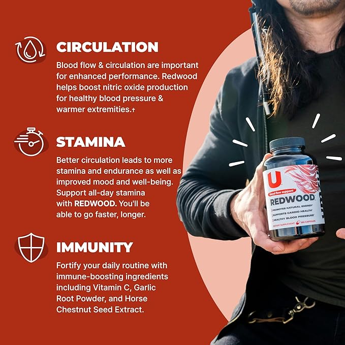 UMZU Redwood Blood Flow Nitric Oxide Supplement for Men & Women, Blood Pressure, Circulation, Stamina, Energy (30 Day Supply | 180 Capsules)