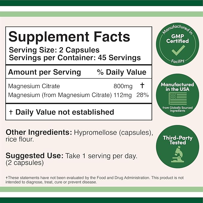 Magnesium Citrate Capsules 90 Capsules (Citrato de Magnesio) 800mg Servings, Vegan Safe, Non-GMO, Gluten Free by Double Wood Supplements