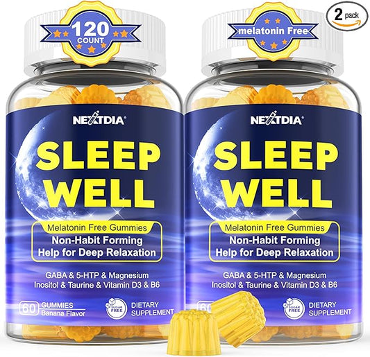 Melatonin Free Sleep Gummies with Magnesium Glycinate, GABA, 5-HTP, L-Theanine, Valerian, Chamomile, Lemon Balm, Vitamin D3 & B6 - Hormone & Drug- Free, Non-Habit Forming,2 Pack