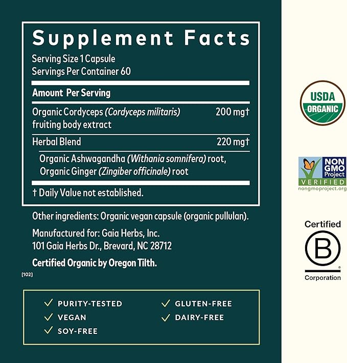 Gaia Herbs Adaptogen Performance Mushrooms & Herbs - Energy Support Supplement to Help Sustain Endurance and Stamina* - Contains Cordyceps and Ashwagandha - 60 Organic Vegan Capsules (30-Day Supply)