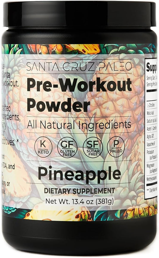 Santa Cruz Paleo Natural Pre Workout Powder, Pineapple, Keto Preworkout with Electrolytes Magnesium, Potassium, L-Citrulline, Caffeine Free, Sugar Free Drink Mix for Energy & Hydration, 30 Servings