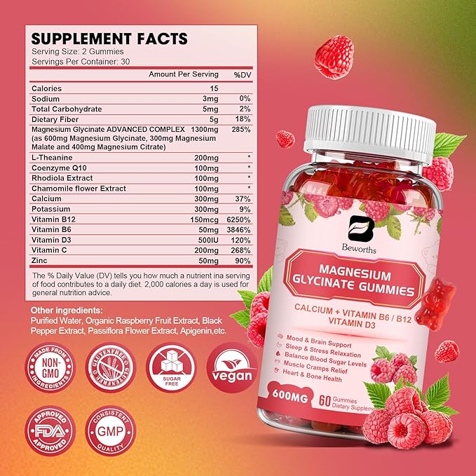 (2 Pack) 600 Mg Magnesium Glycinate Gummies, Magnesium Supplement Complex Magnesium Malate, Magnesium Citrate & Potassium, Supports Night & Joint, Energy Boost, Vegan & 0-Sugar, Raspberry 120 Count