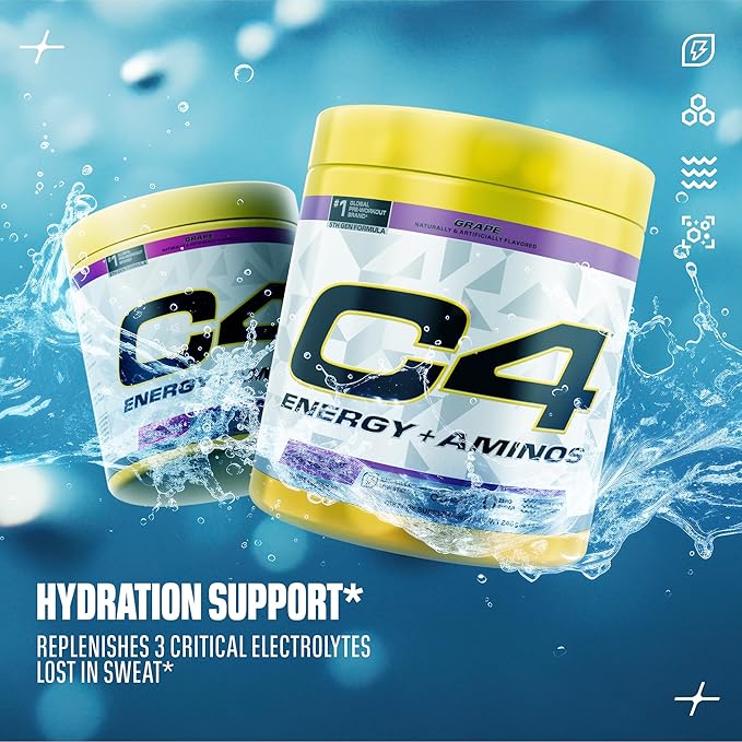 Cellucor C4 Energy + Aminos Powder | 5g BCAAs & EAAs for Muscle Recovery, 3 Electrolytes for Hydration, 100mg Natural Caffeine | Pre Workout | Zero Sugar, 30 Servings, Grape