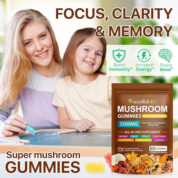 Ashwagandha Gummies with Super Mushroom Blend – Mushroom Gummies with Lion’s Mane, Reishi, Turkey Tail, Cordyceps, KSM 66, Shiitake – Immune Support, Focus, Vegan, Low Carb, Berry Flavor, 80 Ct