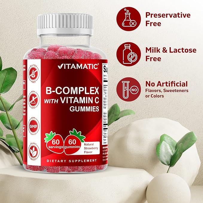 Vitamatic Vitamin B Complex Gummies with Vitamin C & Inositol - Natural Strawberry Flavor - 60 Gummies (3 Bottles)